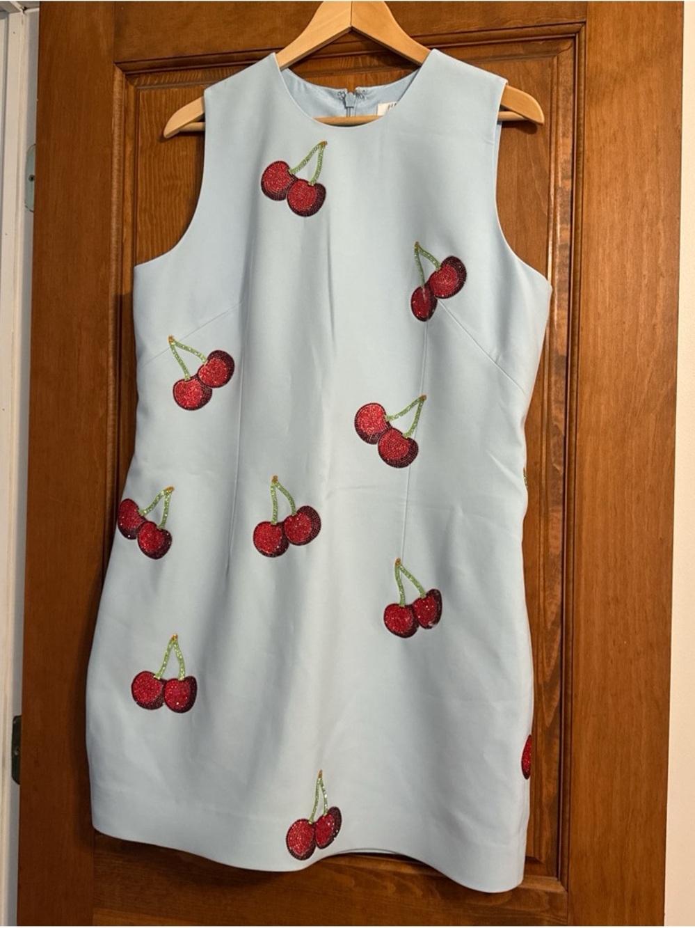 Light Blue Sleeveless Shift Dress with Red Cherry Embroidery